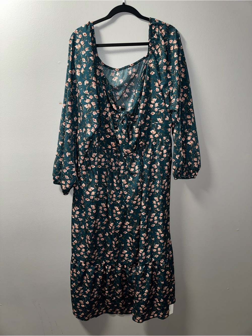 BloomChic 22-24 3X Teal Floral Long Sleeve Midi Dress with Tie Front